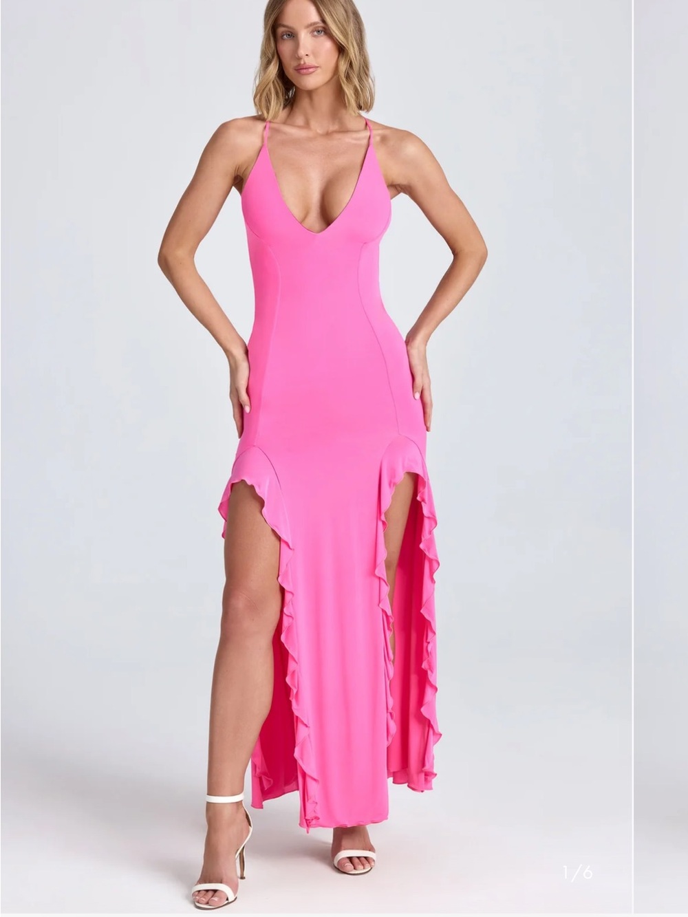 Oh Polly Coraline Ruched Ruffle Trim Maxi Dress US 8 Lollipop Pink NWT Jersey